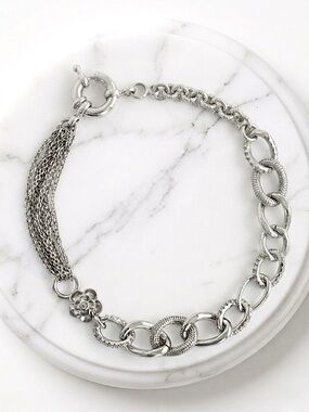 Platinum Plated Multi-Chain Bracelet w/ Floral Accent | Silver Tone Chunky Link